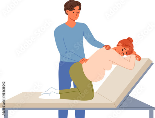 Man gives massage to pregnant woman kneeling on hospital bed waiting for labor to begin. Caring husband takes care of pregnant wife experiencing back pain while awaiting birth of child.