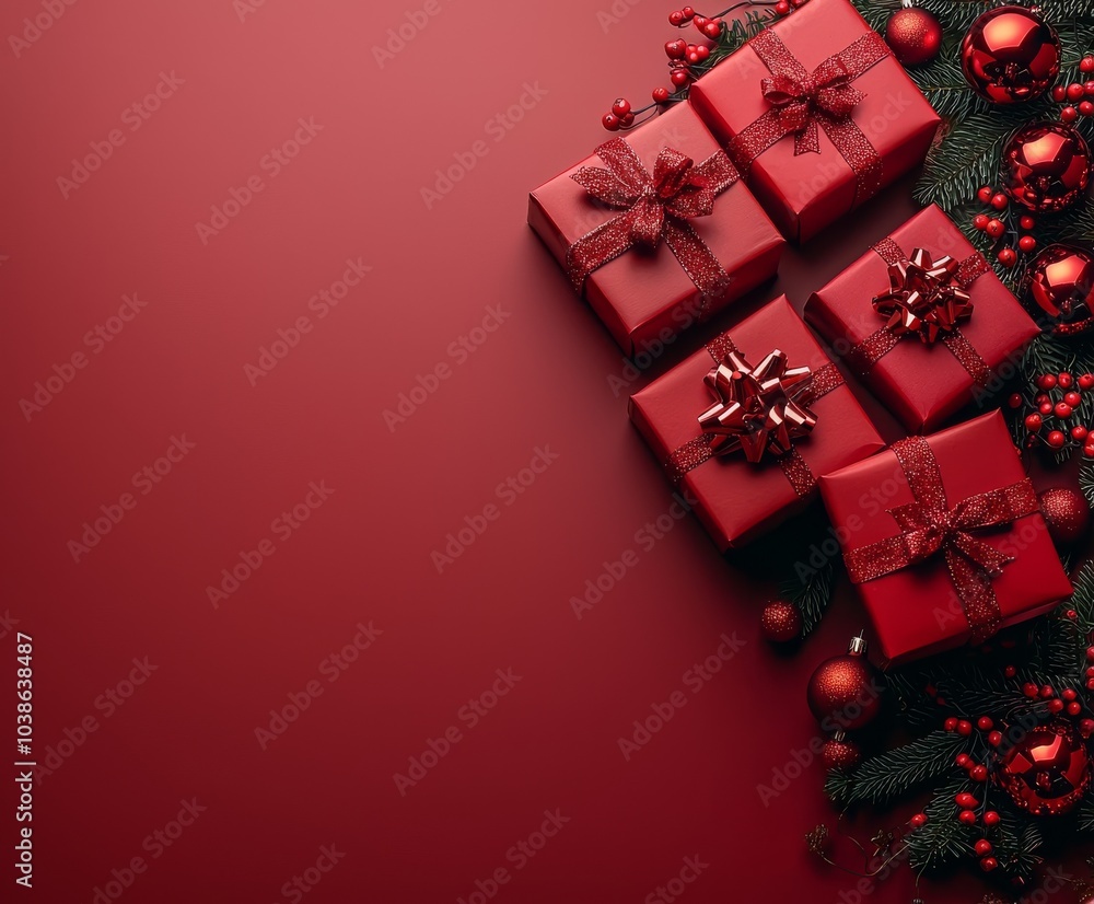 A festive arrangement of red gift boxes adorned with bows, surrounded by holiday decorations against a deep red background, evoking a warm, seasonal atmosphere.