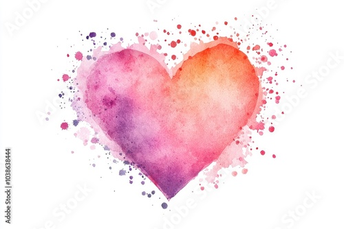 Colorful watercolor heart with splashes on a white isolated background.