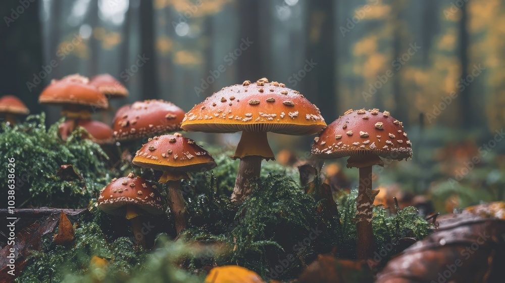 Fototapeta premium Vibrant Mushrooms in a Misty Forest Setting