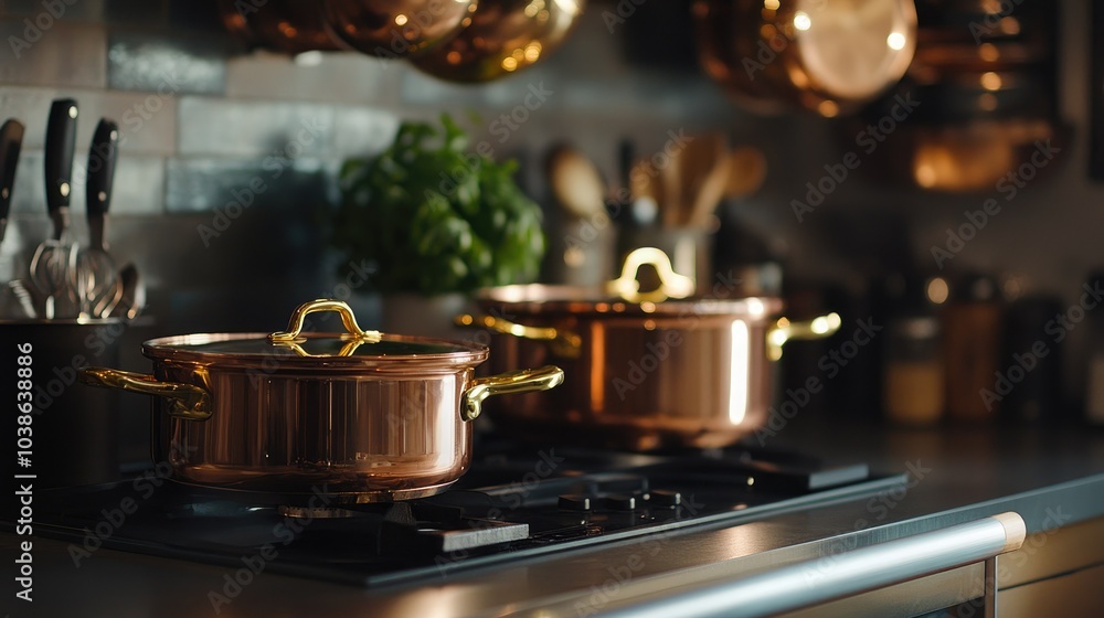 Copper cookware with polished surfaces and brass handles, reflecting soft light, placed in a modern kitchen, highlighting craftsmanship and elegance. Copper cookware with polished surfaces and brass handles, reflecting soft light, placed in a modern kitchen, highlighting craftsmanship and elegance.