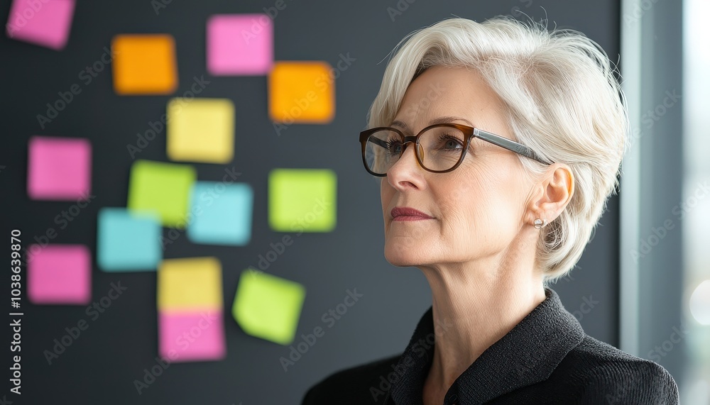 A thoughtful woman with short gray hair and glasses stands near colorful sticky notes, reflecting on ideas in a modern workspace. A thoughtful woman with short gray hair and glasses stands near colorful sticky notes, reflecting on ideas in a modern workspace.