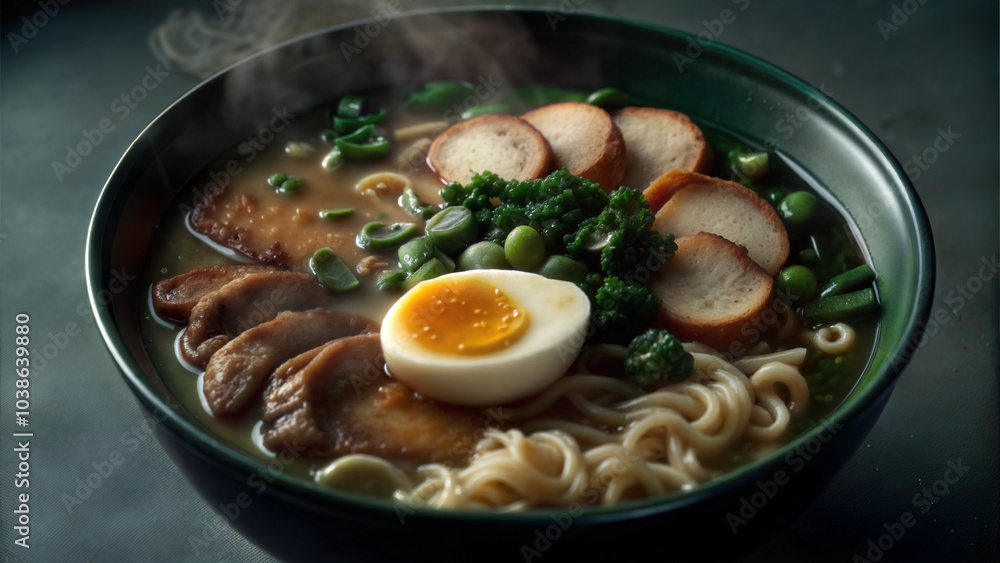 Delicious ramen bowl with smoked meat, boiled egg, and vegetables
Delicious ramen bowl with smoked meat, boiled egg, and vegetables
