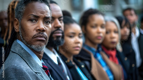 A group of job seekers standing outside an employment office, looking dejected and uncertain, capturing unemployment struggles