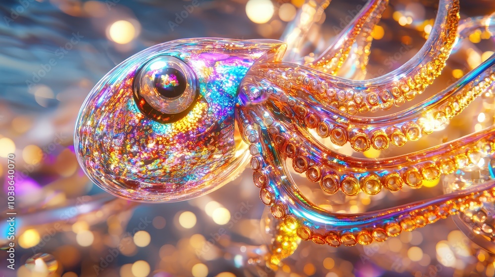 Obraz premium Macro shot of a vibrant deep-sea squid with its iridescent body, pulsating colors reflecting the dim light of the ocean depths.