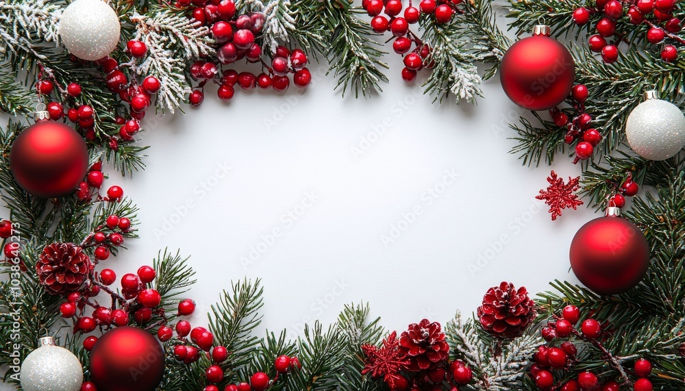 A festive arrangement of green foliage, red berries, and ornaments encircles a blank space, perfect for holiday messages or decorations. A festive arrangement of green foliage, red berries, and ornaments encircles a blank space, perfect for holiday messages or decorations.