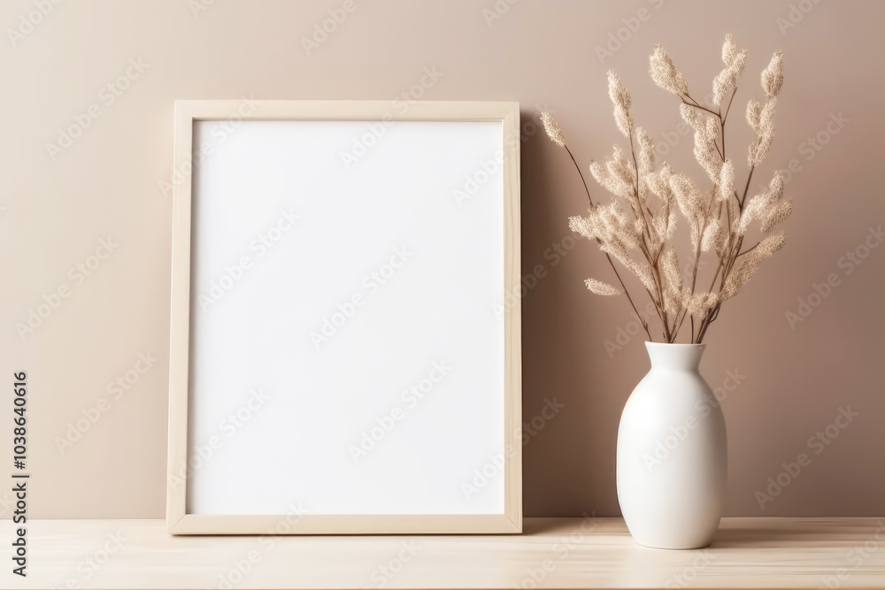 Blank poster frame with dried flower in vase
Blank poster frame with dried flower in vase