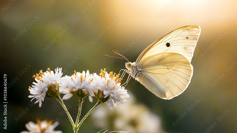 Naklejka premium A delicate golden butterfly resting on a flower, golden butterfly, natural beauty