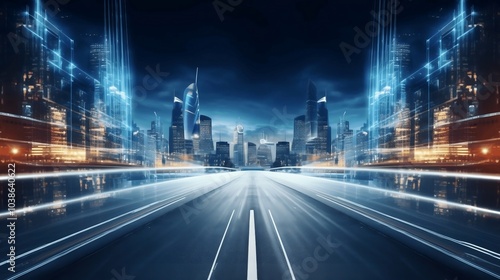 Futuristic city skyline at night with illuminated buildings and a long empty road stretching forward in vibrant neon colors. Generative AI