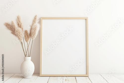 Blank poster frame with dried flower in vase
