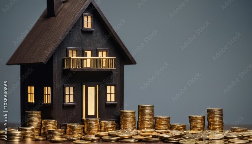 Tiny wooden house surrounded by stacks of golden coins, symbolizing real estate downsizing, financial savings, and smart property investments on a clean, neutral background Tiny wooden house surrounded by stacks of golden coins, symbolizing real estate downsizing, financial savings, and smart property investments on a clean, neutral background