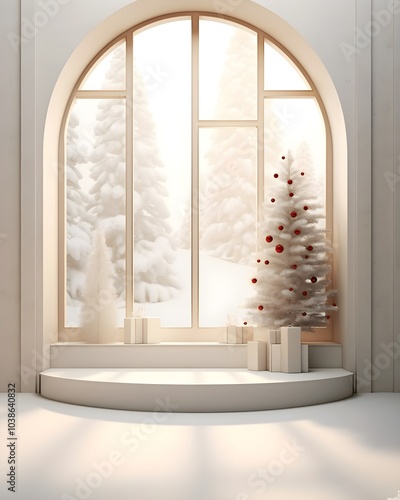 Stage Snowy Winter Wonderland Scene with Christmas Tree