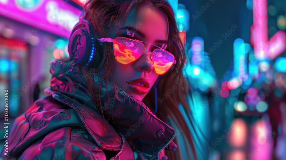 Futuristic cyberpunk woman on busy night street with neon lights, AI generated image Futuristic cyberpunk woman on busy night street with neon lights, AI generated image