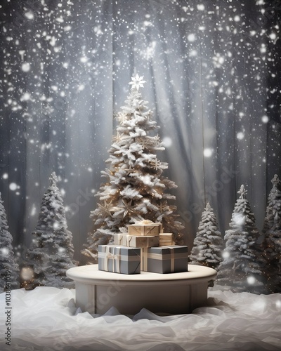 Snowy Christmas Scene with Presents and Falling Snow**