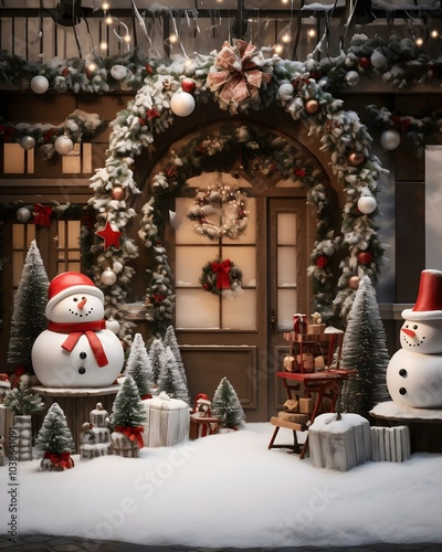 A Festive Welcome: Snow-Covered Porch Decorated for Christmas