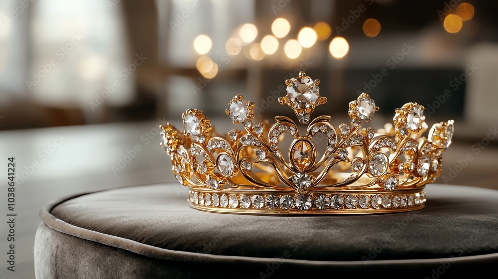 A golden crown adorned with intricate gems, resting on a velvet pillow, golden crown, royalty and power A golden crown adorned with intricate gems, resting on a velvet pillow, golden crown, royalty and power
