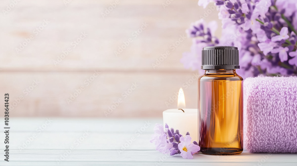 Essential oils, a lit candle, and lavender create a calming atmosphere on a wooden table for relaxation Essential oils, a lit candle, and lavender create a calming atmosphere on a wooden table for relaxation
