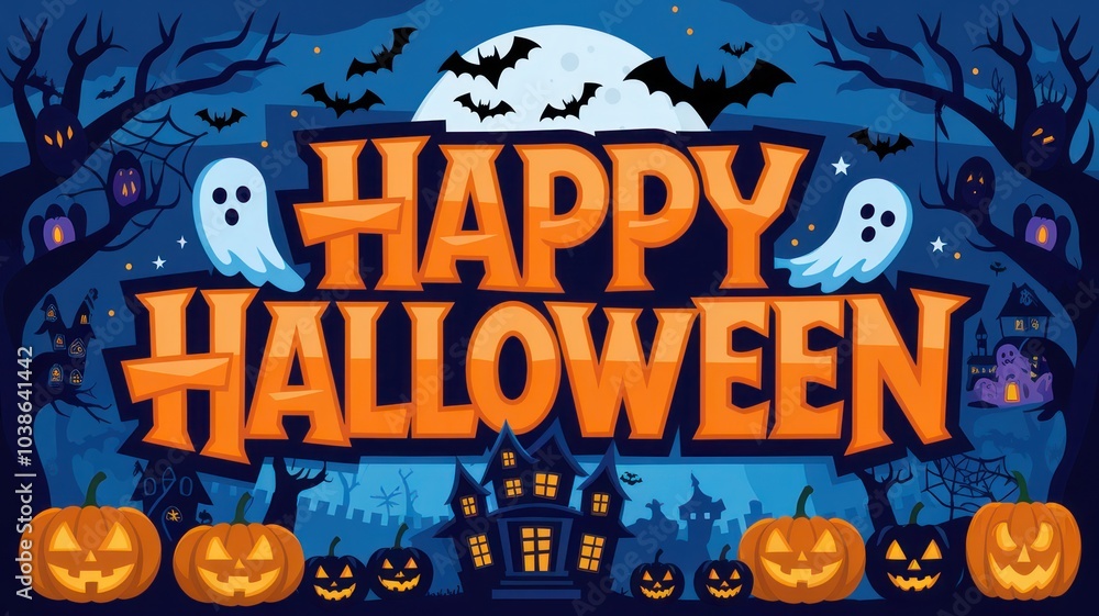 Festive Halloween scene with ghosts, bats, pumpkins, and a haunted house against a spooky night background. Festive Halloween scene with ghosts, bats, pumpkins, and a haunted house against a spooky night background.