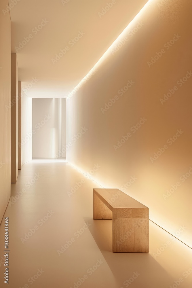 A serene minimalist hallway featuring a wooden bench and ambient lighting, showcasing modern interior design. A serene minimalist hallway featuring a wooden bench and ambient lighting, showcasing modern interior design.