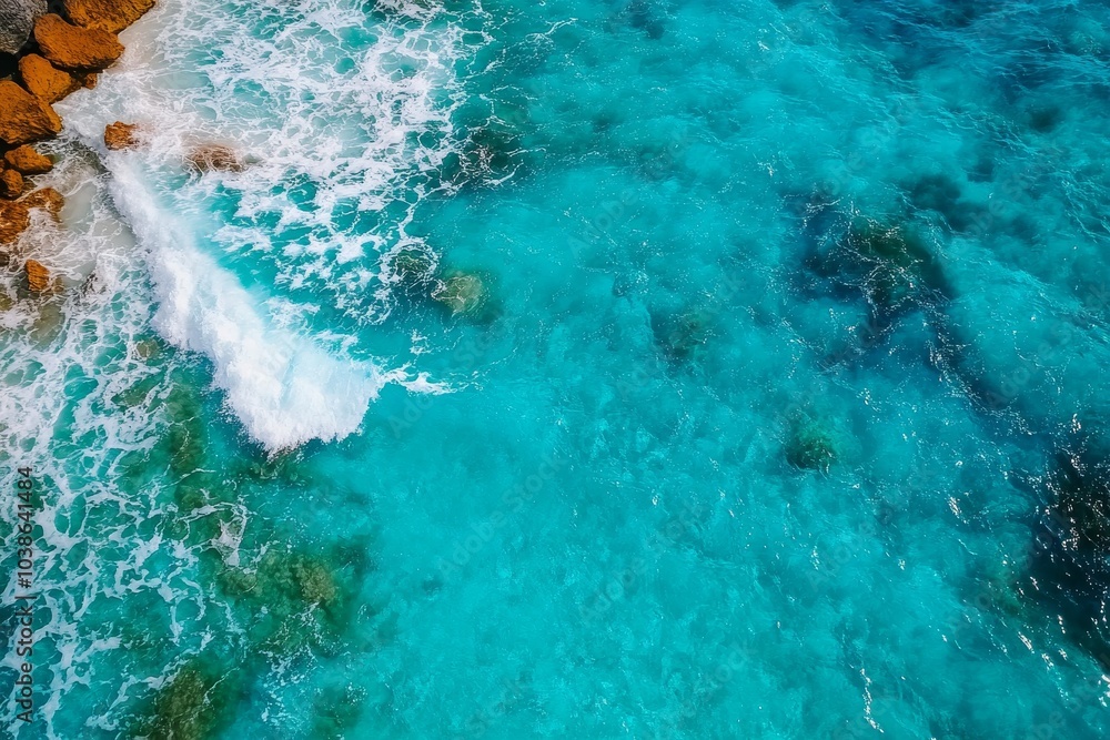 Fototapeta premium Turquoise water crashing against rocks in ocean bay