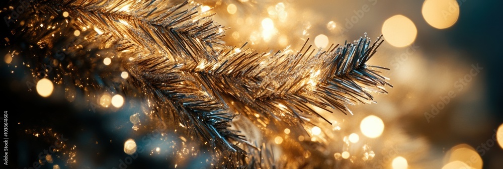 Fototapeta premium The image showcases a beautifully crafted silhouette of a Christmas tree, made of interwoven golden and silver lines on a dark background. Generative AI