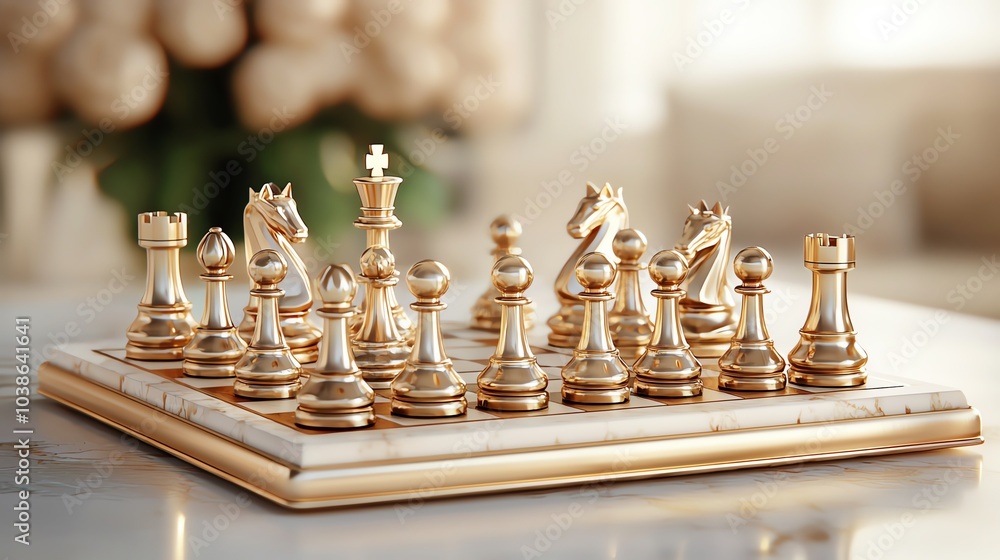A goldplated chess set on a luxurious marble board, gold chess set, strategic luxury A goldplated chess set on a luxurious marble board, gold chess set, strategic luxury