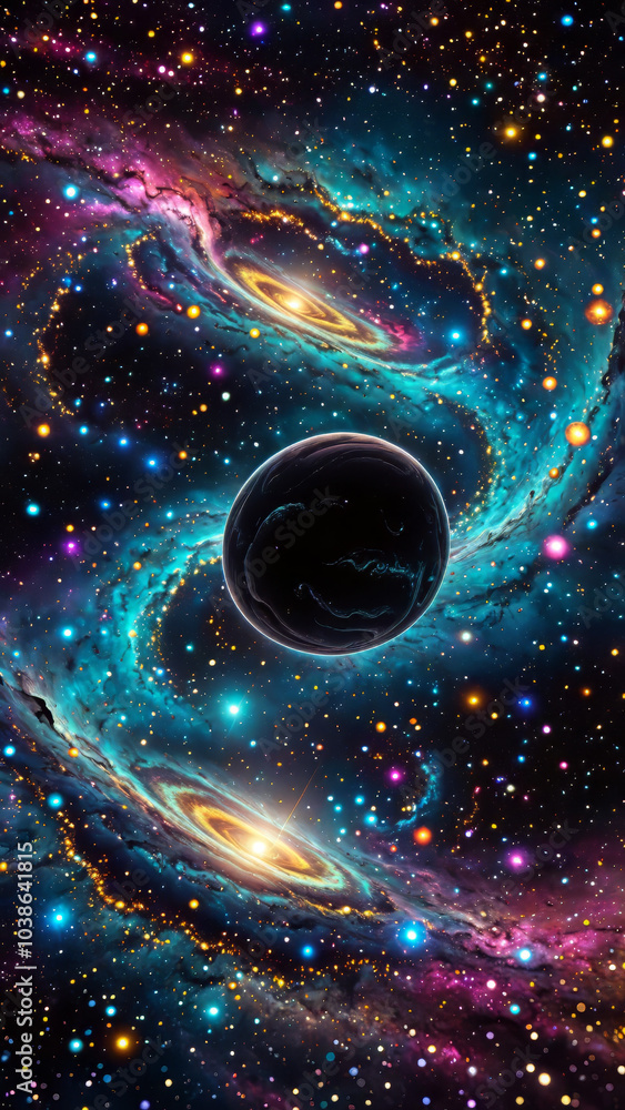 Ultra detailed microscopic level image of a black colourful cosmic structure, dark entropy, gravitational pull, space dust, dreamy cosmic abstract background