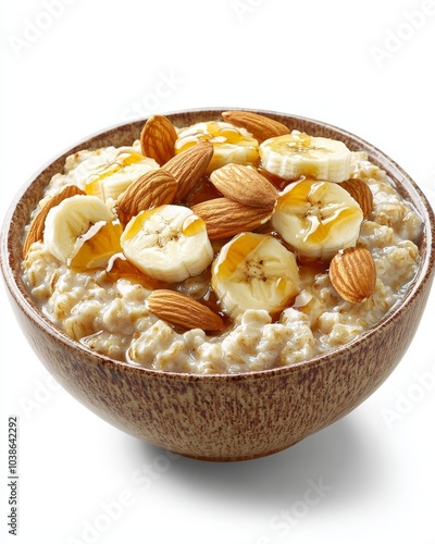 a hearty bowl of oatmeal topped with slices bananas, almonds and honey photo