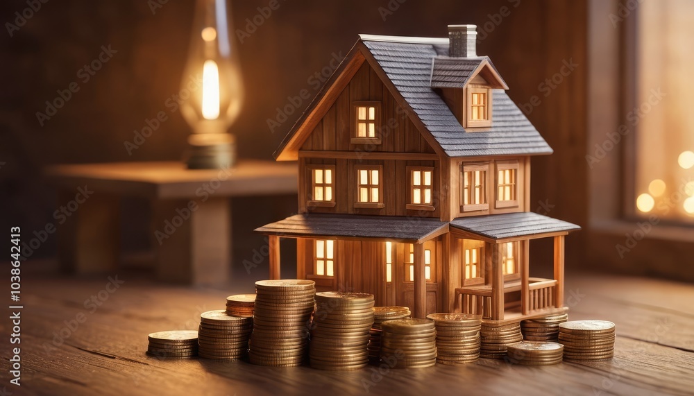 Tiny wooden house surrounded by stacks of golden coins, symbolizing real estate downsizing, financial savings, and smart property investments on a clean, neutral background Tiny wooden house surrounded by stacks of golden coins, symbolizing real estate downsizing, financial savings, and smart property investments on a clean, neutral background