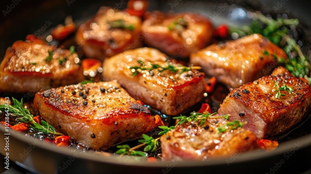 Sizzling Pork Belly with Herbs and Spices in Pan Sizzling Pork Belly with Herbs and Spices in Pan