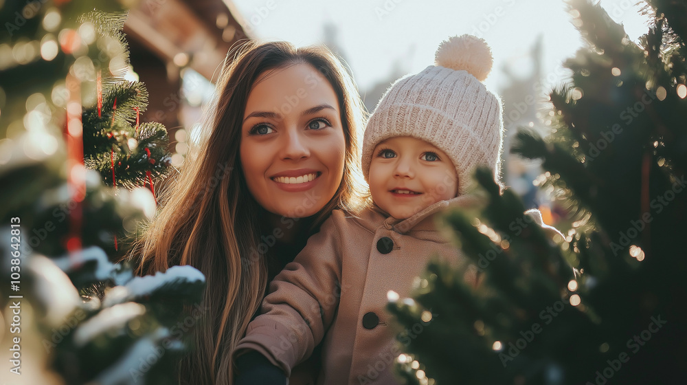 Mother and daughter standing together in a Christmas tree lot, Buying a Christmas tree, Christmas preparation Mother and daughter standing together in a Christmas tree lot, Buying a Christmas tree, Christmas preparation