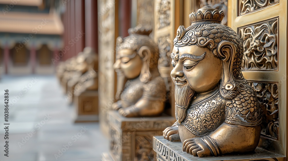 Golden statues of mythical creatures in an ancient temple, golden statues, mythical luxury Golden statues of mythical creatures in an ancient temple, golden statues, mythical luxury