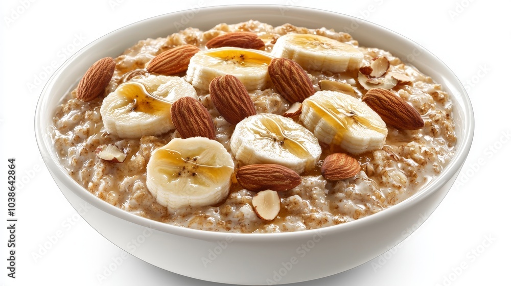 a hearty bowl of oatmeal topped with slices bananas, almonds and honey a hearty bowl of oatmeal topped with slices bananas, almonds and honey