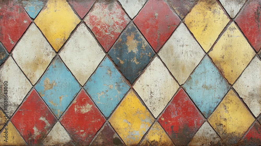 Grungy diamond tile pattern, faded colors in red, yellow, and blue, rough texture, and visible cracks for a weathered, antique feel. Grungy diamond tile pattern, faded colors in red, yellow, and blue, rough texture, and visible cracks for a weathered, antique feel.