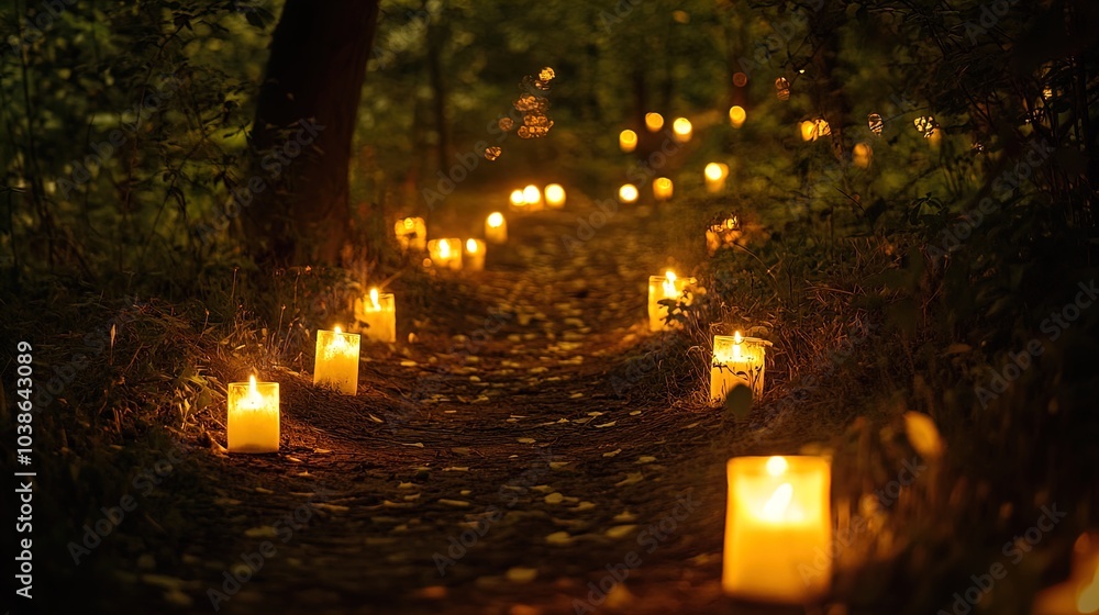 A tranquil forest path, softly illuminated by glowing candles arranged along the edges of the trail. The path is lined with lush foliage, and scattered golden leaves cover the ground, adding to the au A tranquil forest path, softly illuminated by glowing candles arranged along the edges of the trail. The path is lined with lush foliage, and scattered golden leaves cover the ground, adding to the au