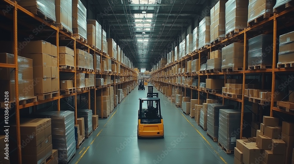 Busy Warehouse with Multiple Forklifts in Action Busy Warehouse with Multiple Forklifts in Action
