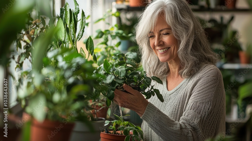 A mature woman standing by her indoor plant collection, watering them with a smile as they thrive in her home. A mature woman standing by her indoor plant collection, watering them with a smile as they thrive in her home.