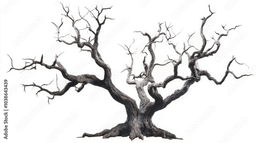Haunting Elegance: An Ancient Dead Tree with Twisted Branches on a White Canvas Haunting Elegance: An Ancient Dead Tree with Twisted Branches on a White Canvas