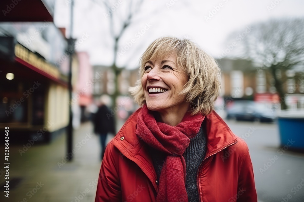 Portrait of a happy senior woman in a red jacket on a city street Portrait of a happy senior woman in a red jacket on a city street