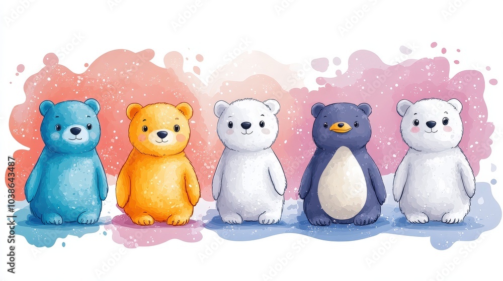 A vibrant set of arctic animal coloring pages featuring polar bears, penguins, and seals, designed with strong brush lines and colorful grainy textures for kids fun. A vibrant set of arctic animal coloring pages featuring polar bears, penguins, and seals, designed with strong brush lines and colorful grainy textures for kids fun.