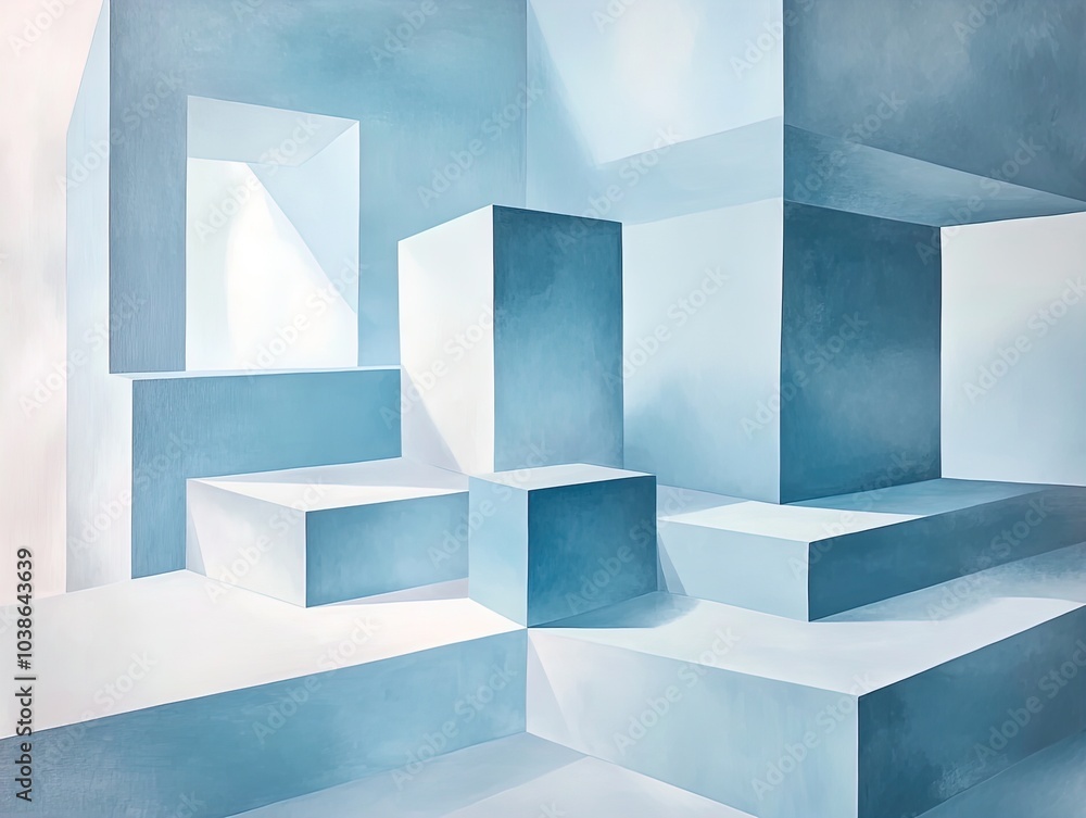 Futuristic Blue Cubic Assembly Poster: Minimalist Design for Modern Interiors, Perfect for Sports Spaces to Add Depth and Dimension Against a Subtle Pastel Backdrop. Futuristic Blue Cubic Assembly Poster: Minimalist Design for Modern Interiors, Perfect for Sports Spaces to Add Depth and Dimension Against a Subtle Pastel Backdrop.
