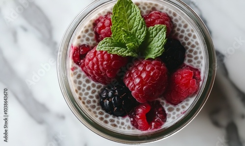 a jar of chia seed pudding made with almond milk and a topping of berries and mint