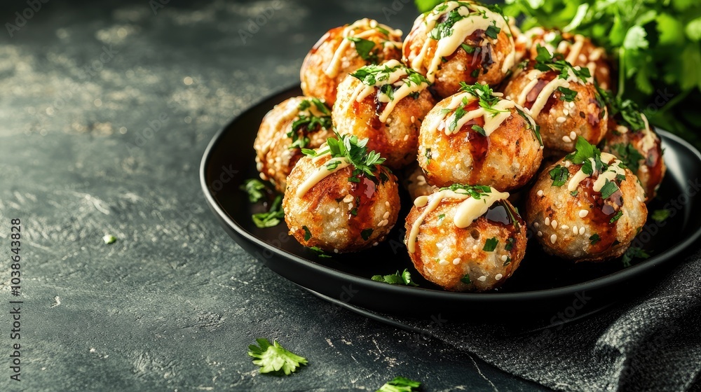Delicious Asian Street Food on a Black Plate Delicious Asian Street Food on a Black Plate