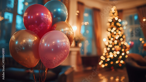 A decorated New Year's Eve party room, with balloons and confetti as the background, during a festive gathering