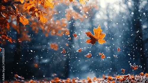 The image captures a serene fall scene where vibrant orange and yellow leaves are suspended in mid-air, gracefully falling against a blurred backdrop of a wintry forest. Soft snowflakes descend throug