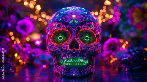 Luminous Neon Skull with Colorful Floral Designs