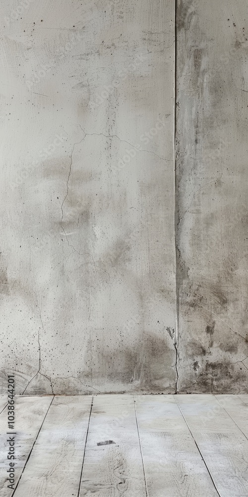 Fototapeta premium A rustic concrete wall with visible textures and a wooden floor, perfect for backgrounds or creative projects.