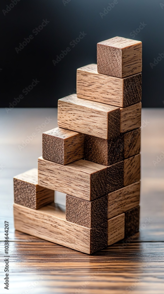 A wooden block tower arranged in a stair-step formation, showcasing geometric design and textures against a blurred background. A wooden block tower arranged in a stair-step formation, showcasing geometric design and textures against a blurred background.