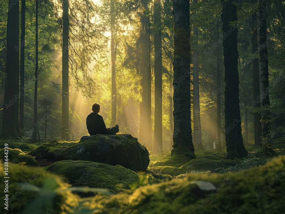A tranquil forest clearing with soft sunlight streaming through the trees, where a person sits quietly on a mossy rock, practicing forest bathing, absorbing the sounds and sights of nature A tranquil forest clearing with soft sunlight streaming through the trees, where a person sits quietly on a mossy rock, practicing forest bathing, absorbing the sounds and sights of nature