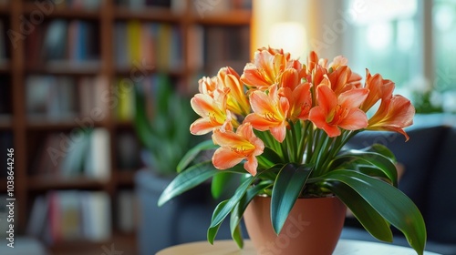 Clivia Miniata sitting on a side table in a home library, adding warmth and color to the quiet setting.